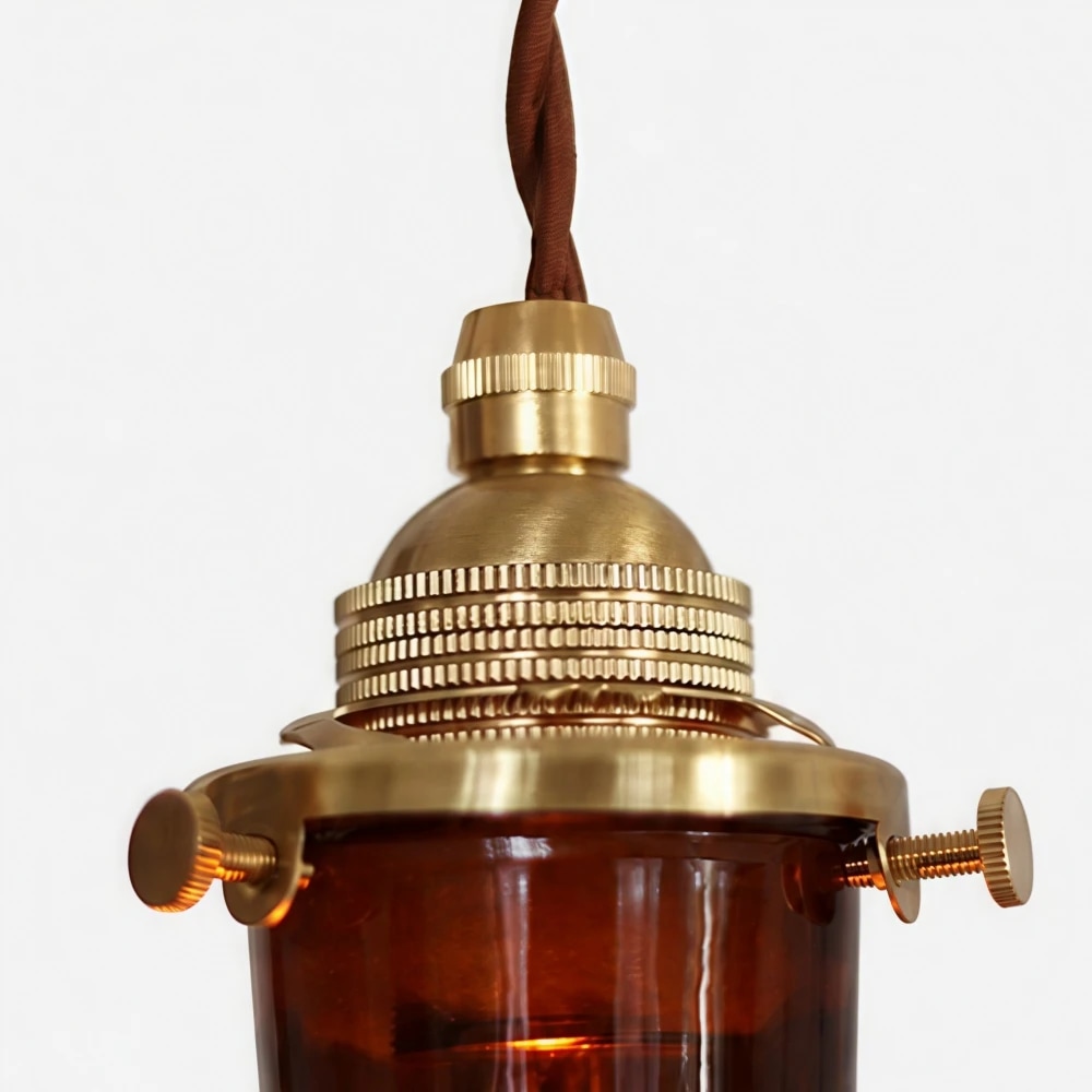 Amber brown glass pendant lamp metal collar detail