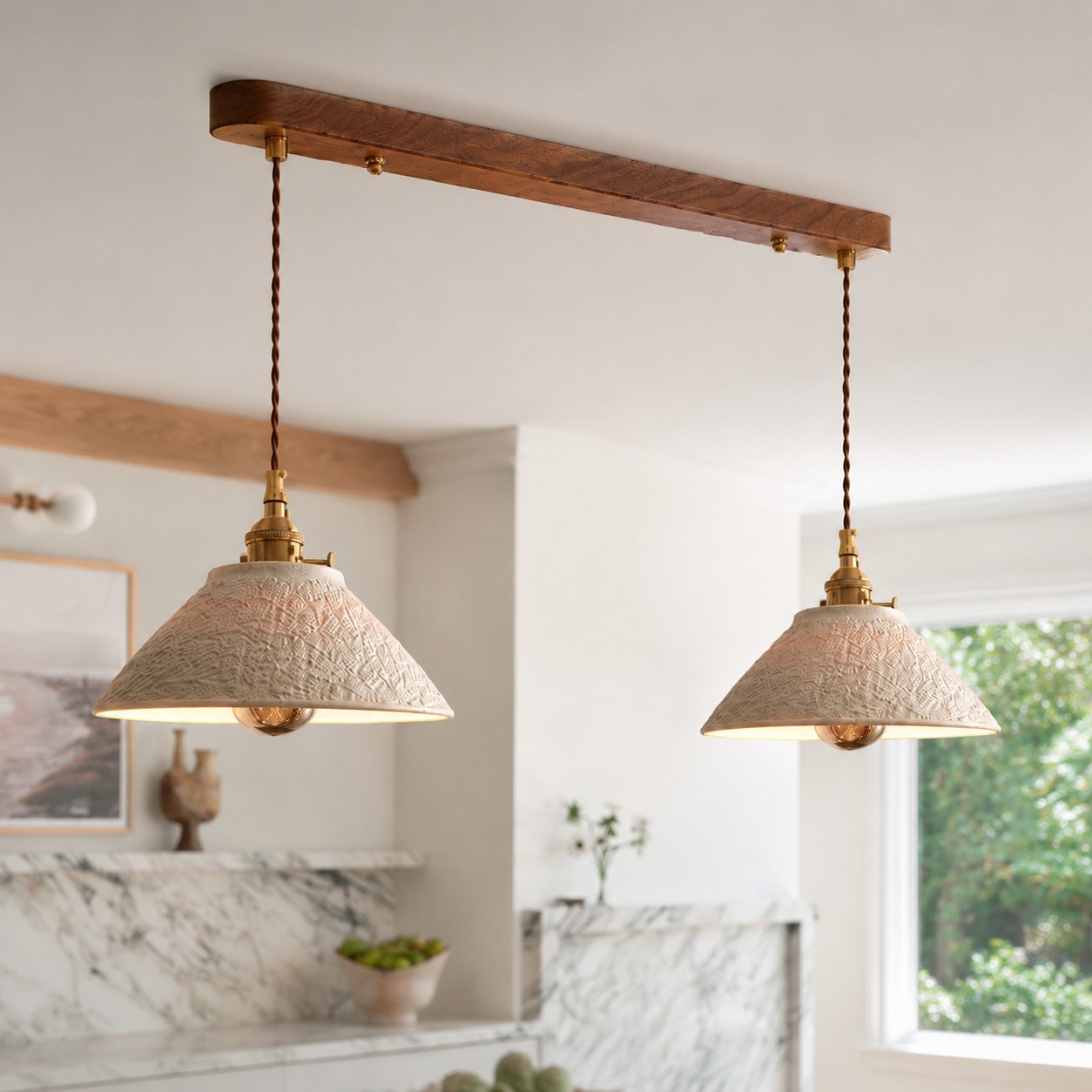 Two ceramic pendant lights installed on a wooden ceiling bar