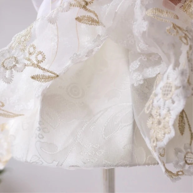 Scalloped lace trim and embroidered floral fabric close up