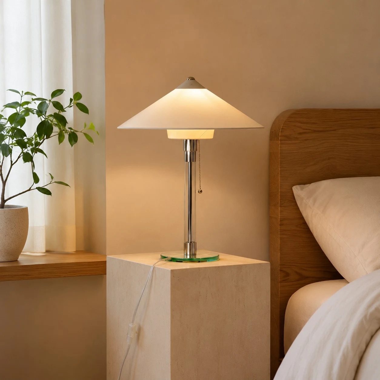 Bedroom bedside lamp scene with warm glow