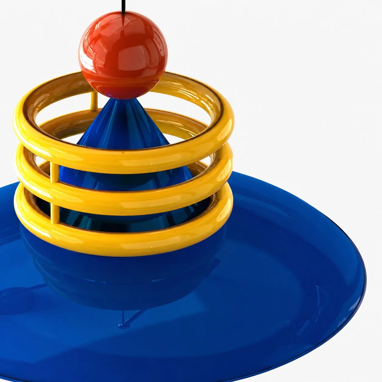 Abat-jour suspendu en métal bleu et jaune avec une boule rouge décorative