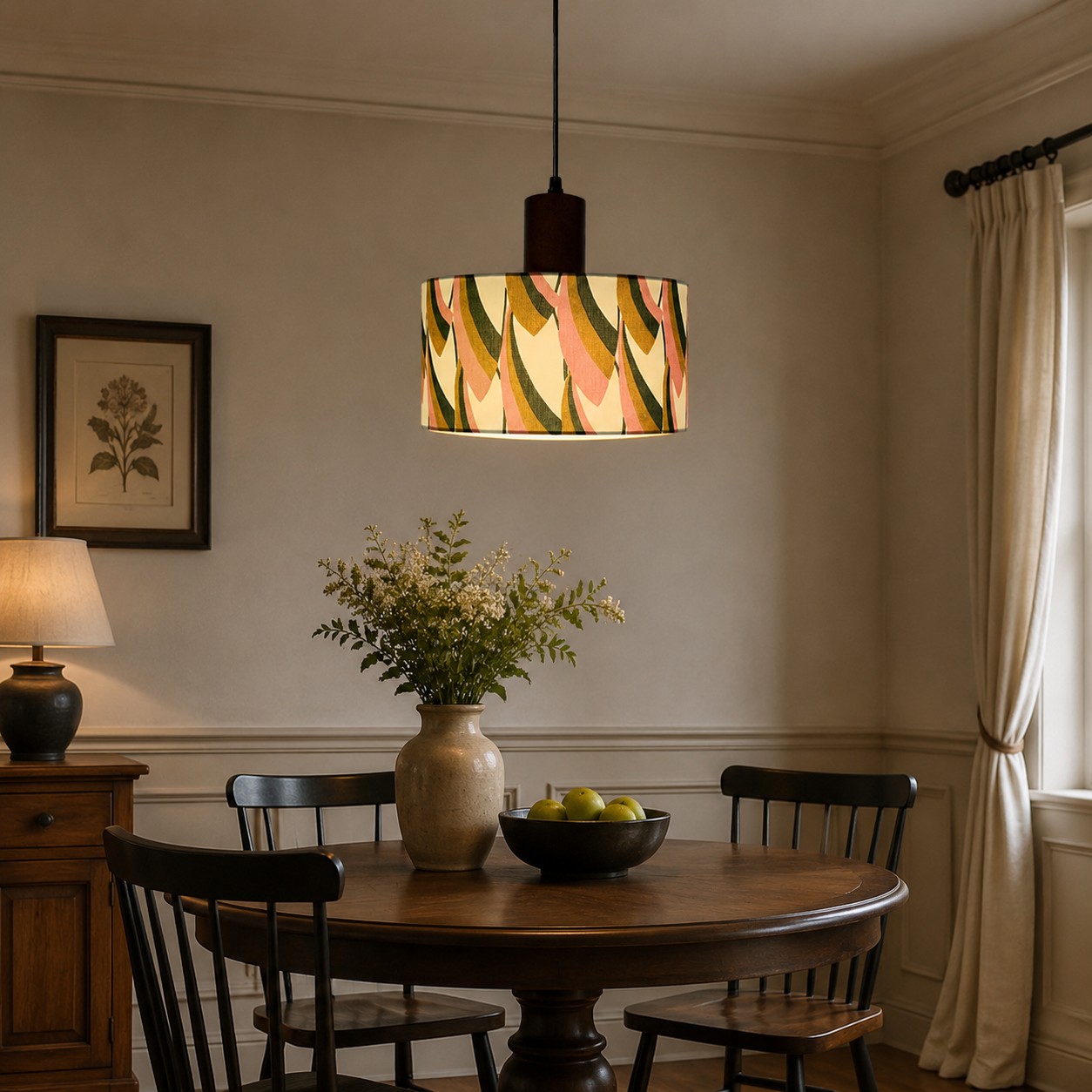 Lámpara colgante de tambor de tela instalada sobre una mesa de comedor redonda.
