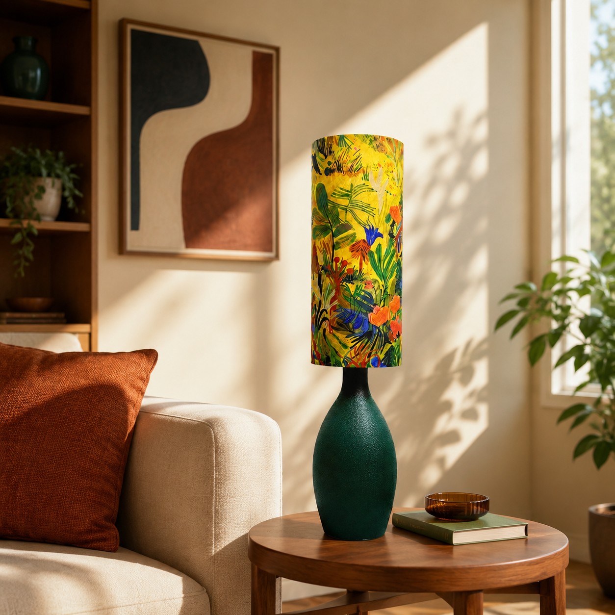 Eine gelbgrüne Tischlampe mit Blumenmuster steht neben einem Sofa.