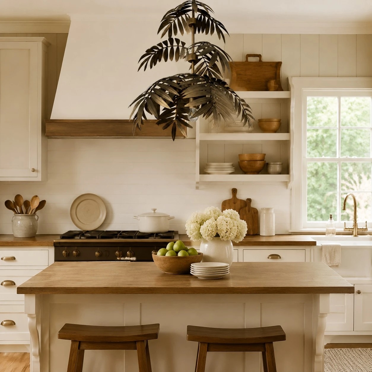 Antique bronze palm leaf chandelier in a country kitchen