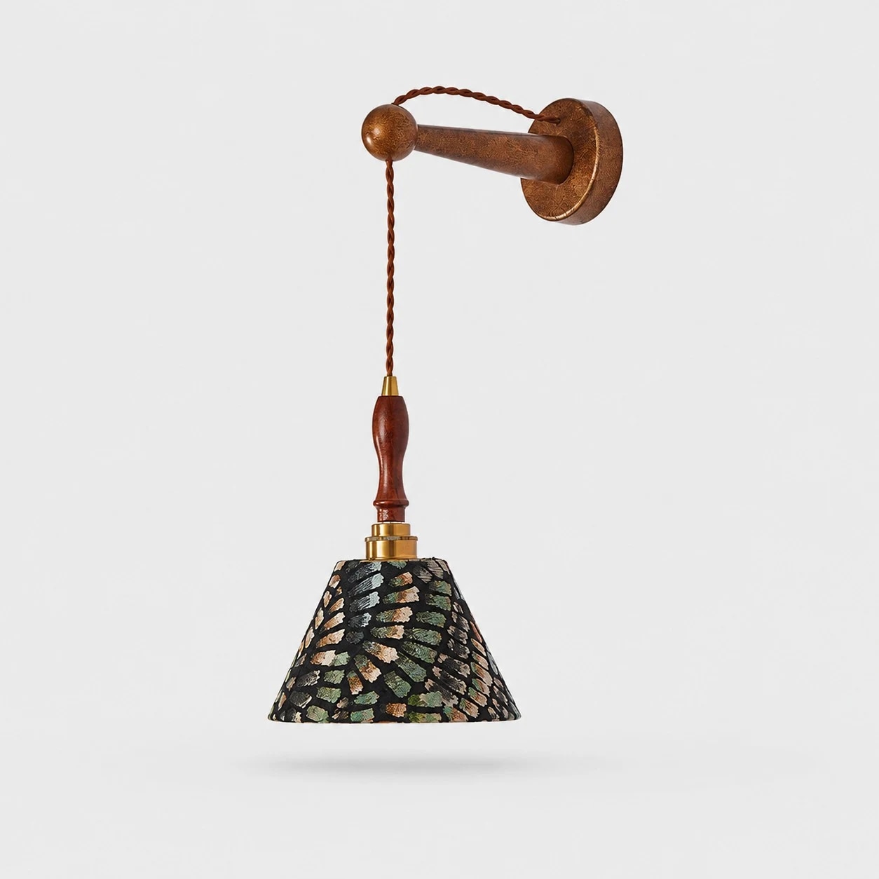 French vintage fabric wall sconce with wood arm and patterned shade