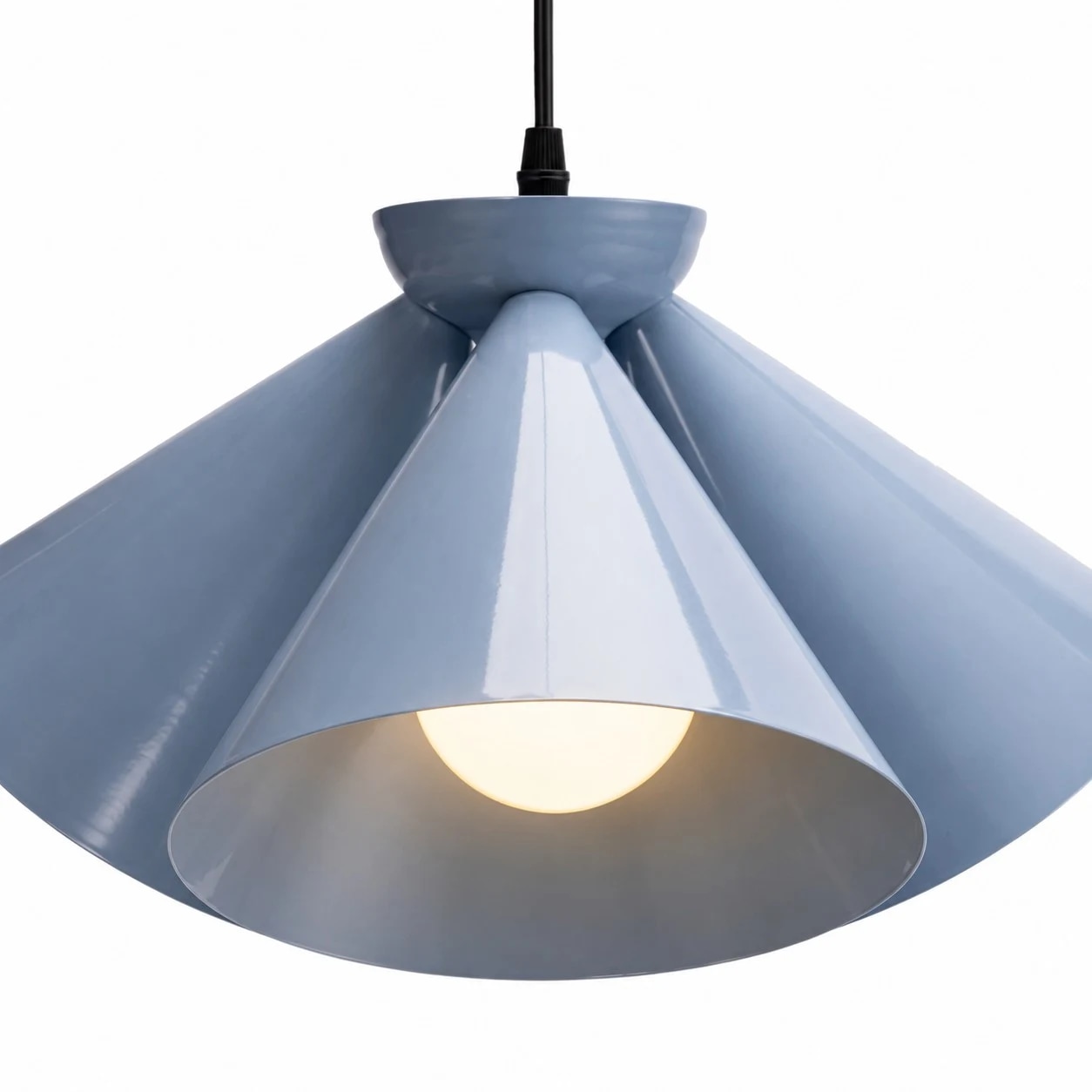Blue painted metal pendant shade close-up