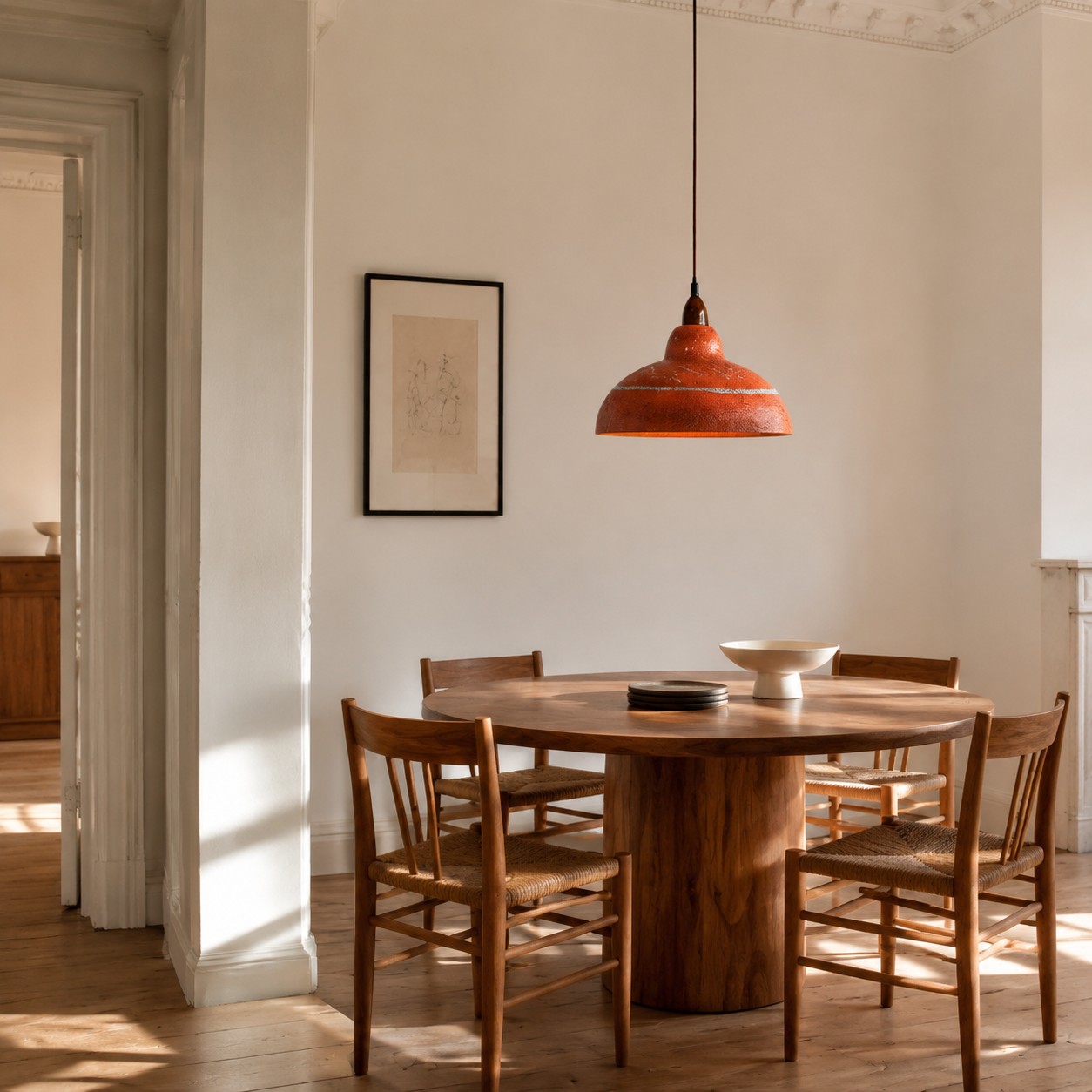 Terracotta pendant light installed above a dining table