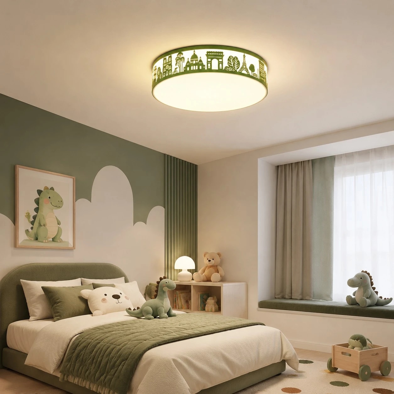 Lámpara de techo con silueta verde instalada en un ambiente de dormitorio acogedor.