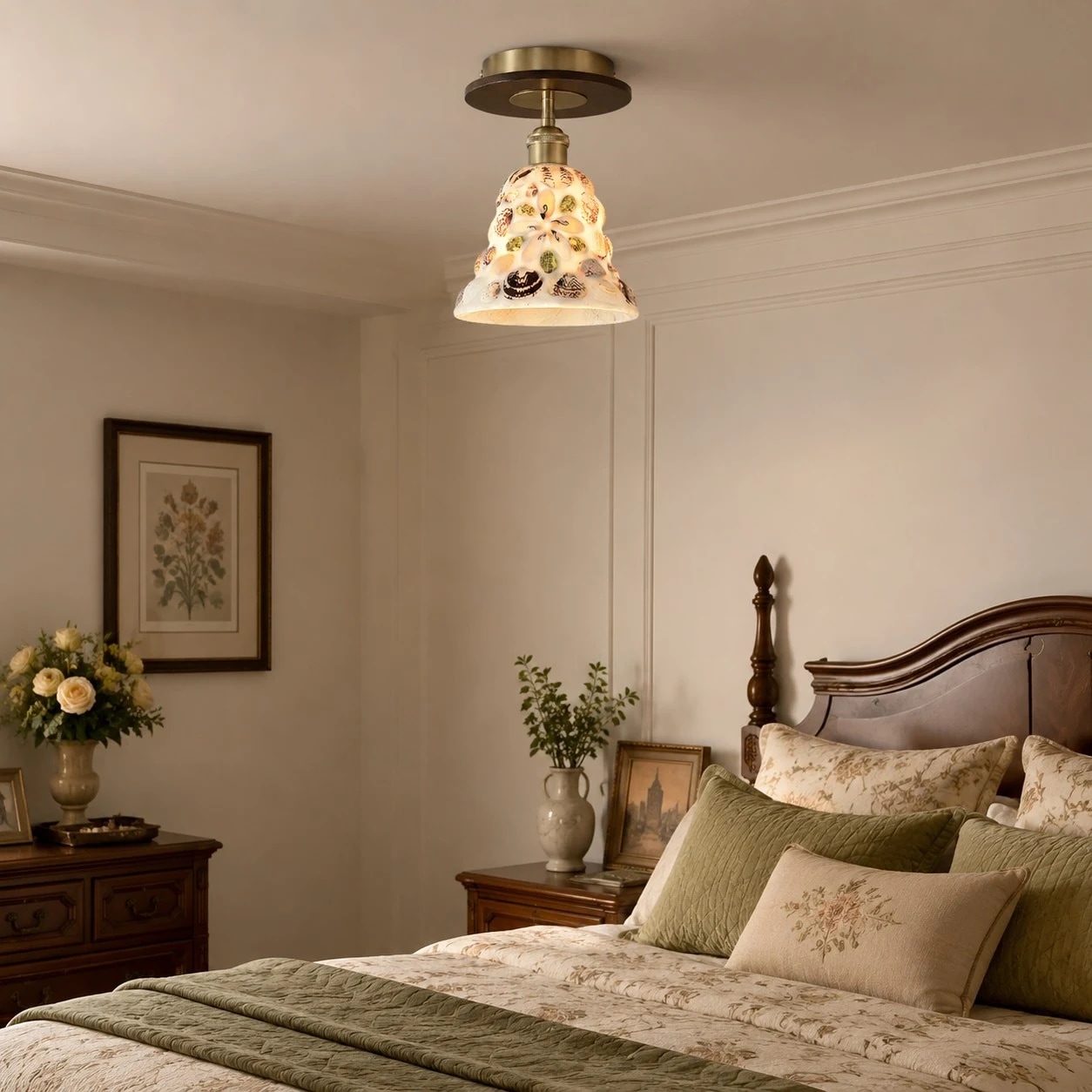 Shell glass ceiling light in bedroom scene