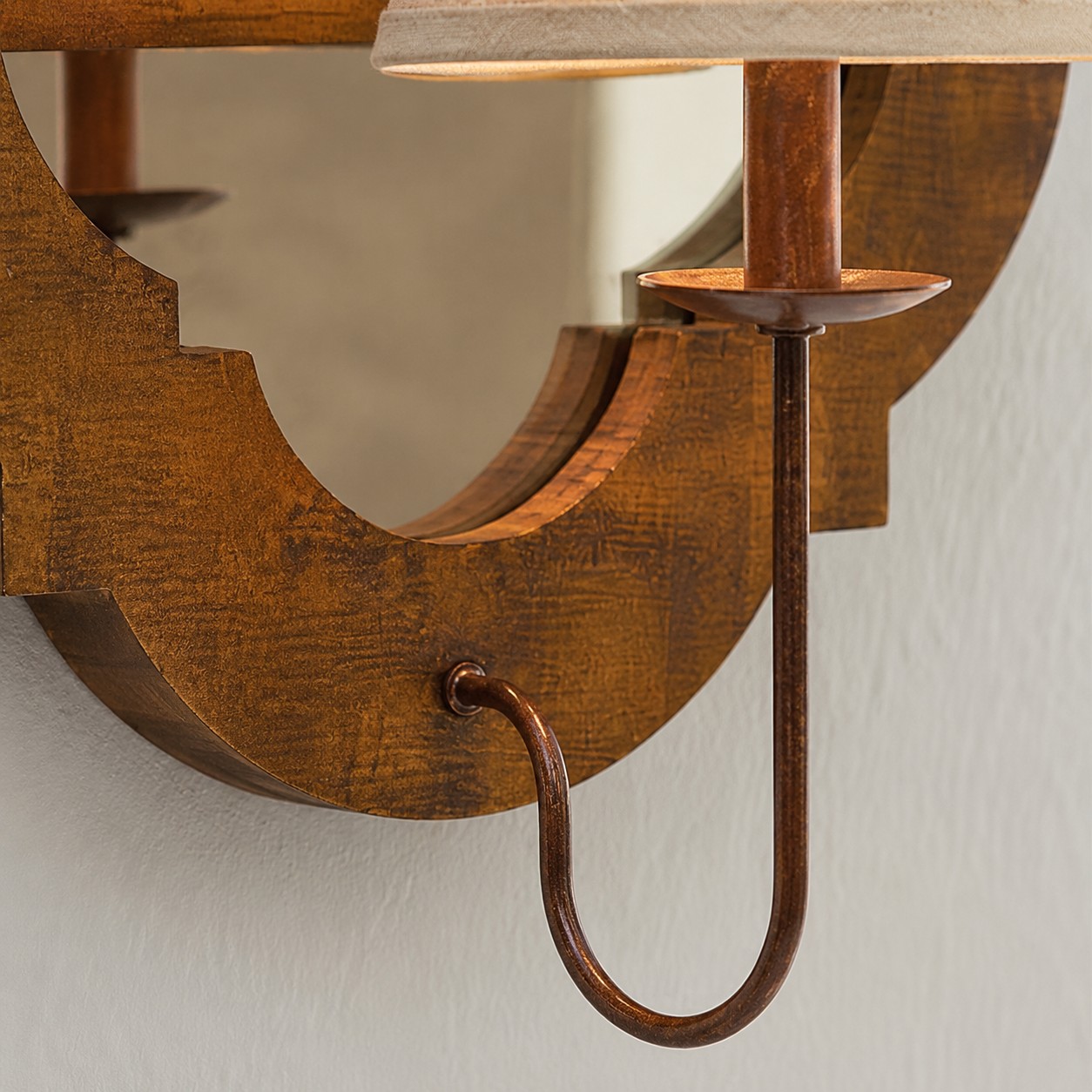 Antique Wood Wall Sconce With Fabric Shade detail