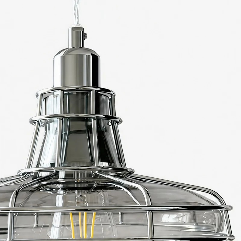 Glass and iron cage pendant lamp detail