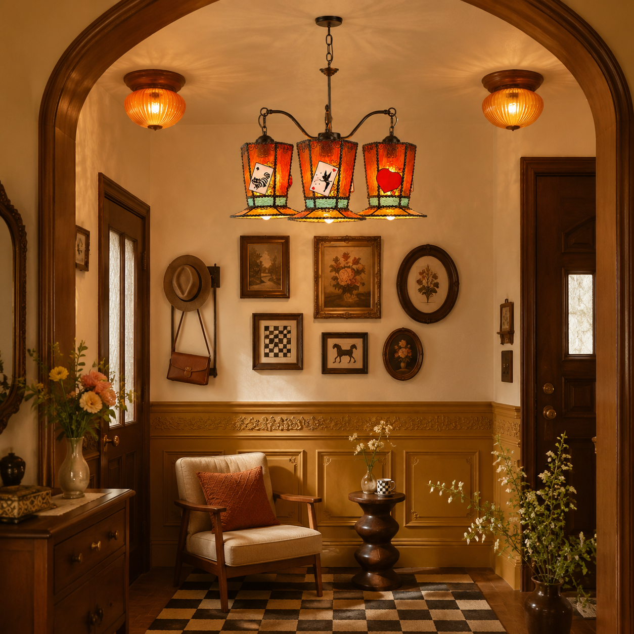 Warm stained glass chandelier installed in a vintage entryway