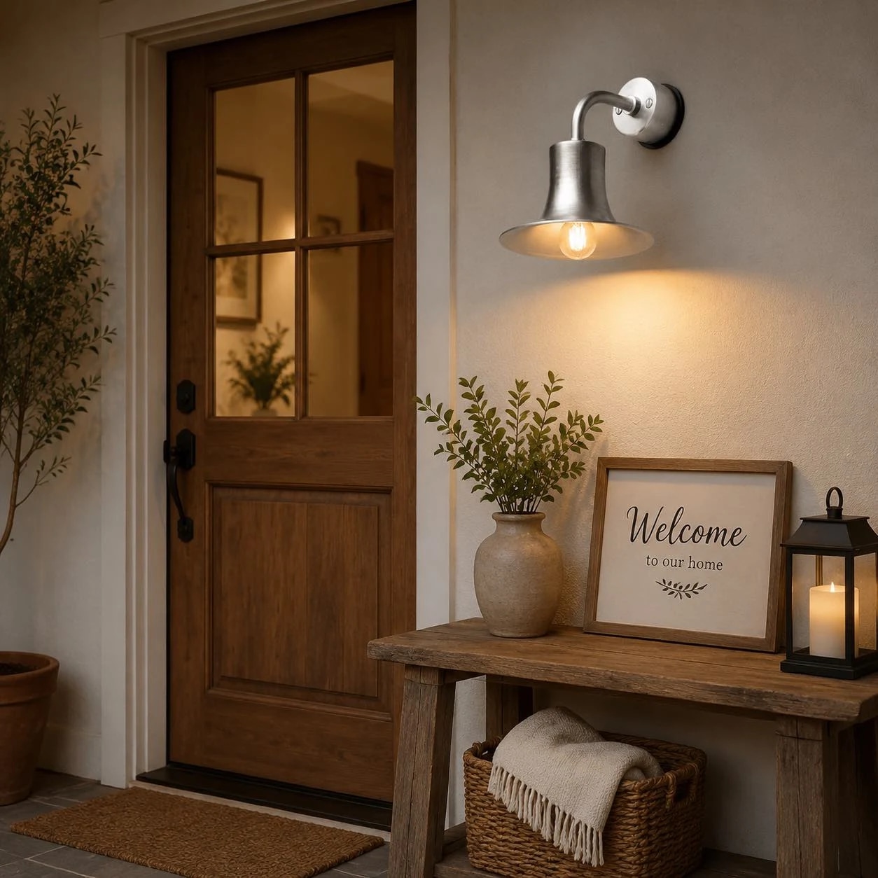 Wall sconce installed beside a doorway with console table