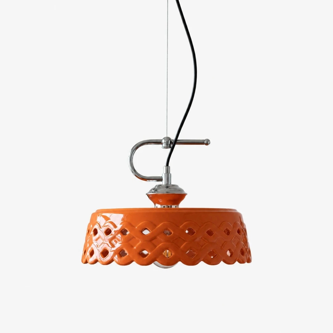 Orange ceramic pendant lamp full shade view