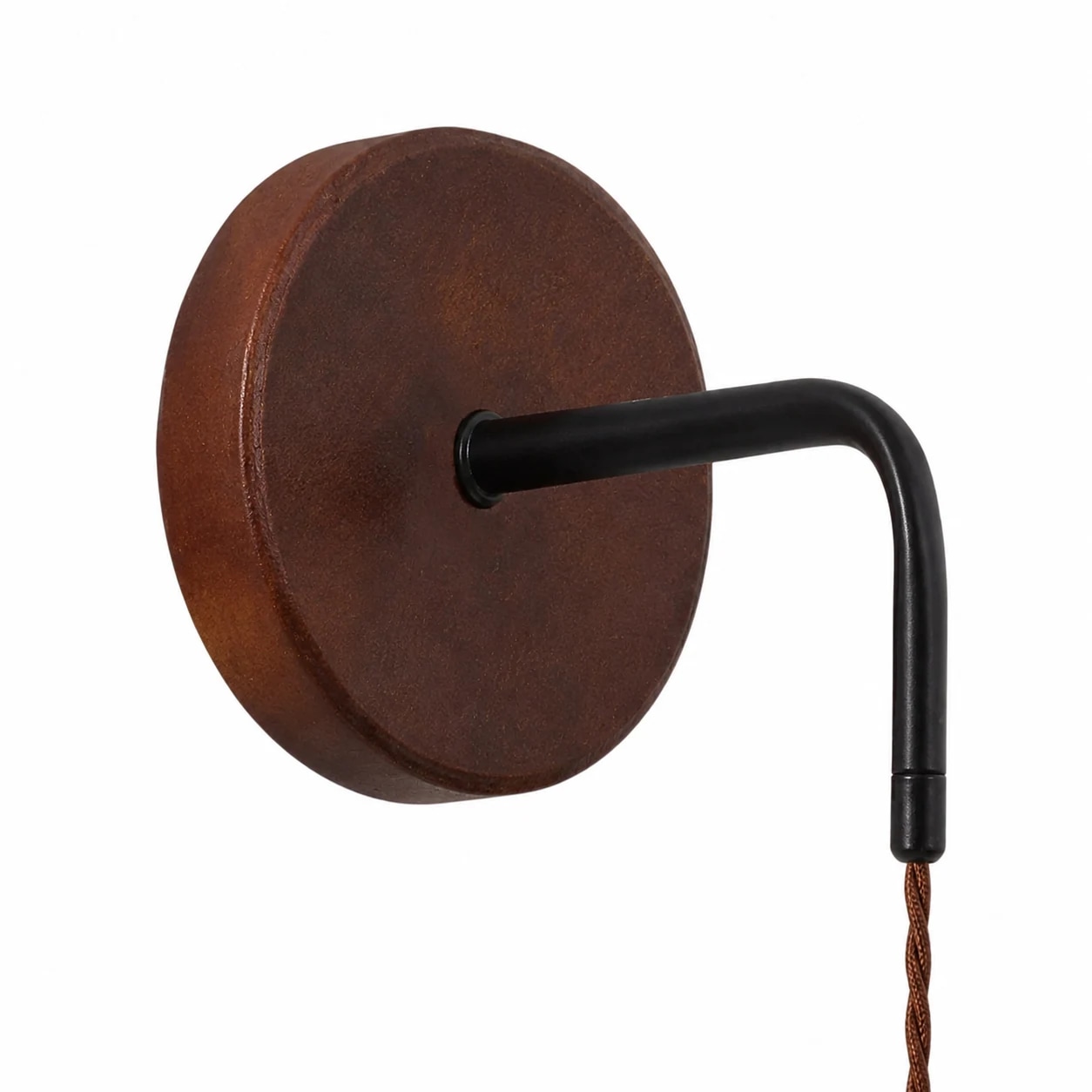 Round wood-look wall plate with matte black arm detail