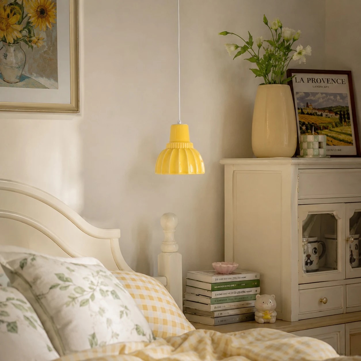 Ceramic pendant light in a cozy bedroom setting