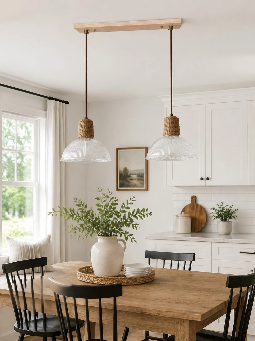 Two-light woven rope glass pendant installed over a dining table