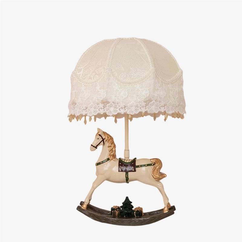 Full vintage rocking horse table lamp on white background