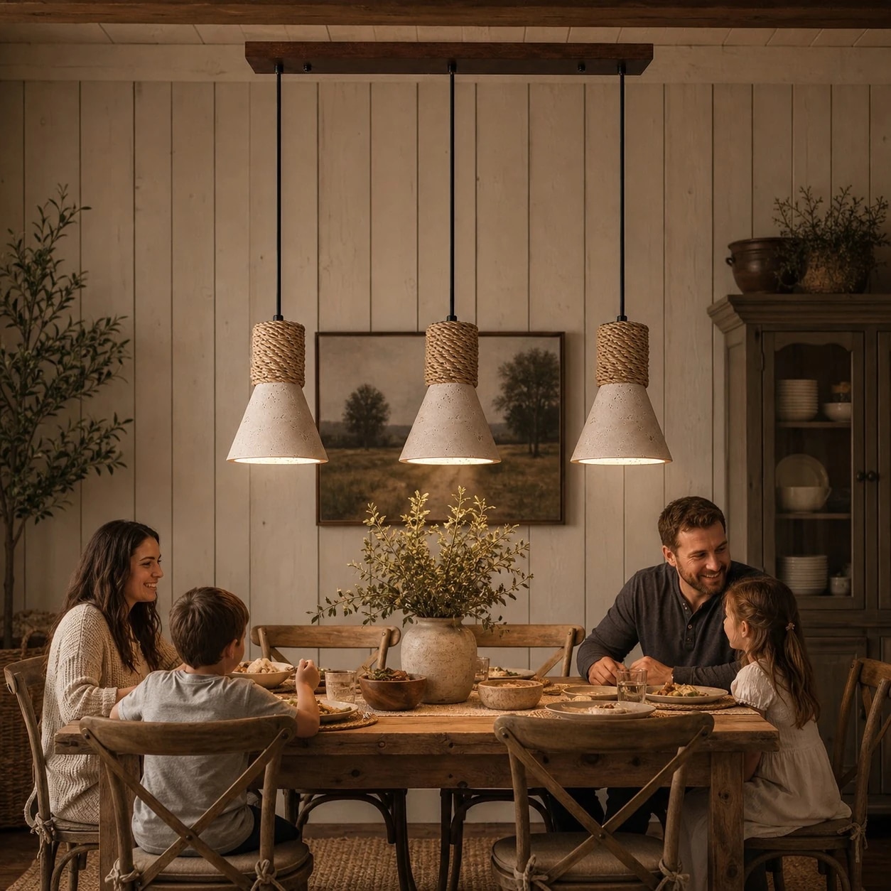 Three pendants above a family dining table