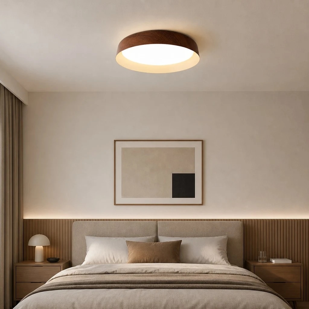 Ceiling light above a bed in a warm bedroom scene