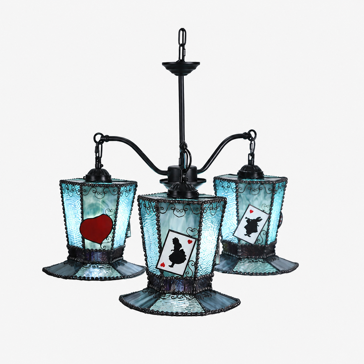 Blue stained glass chandelier with playing card motifs
