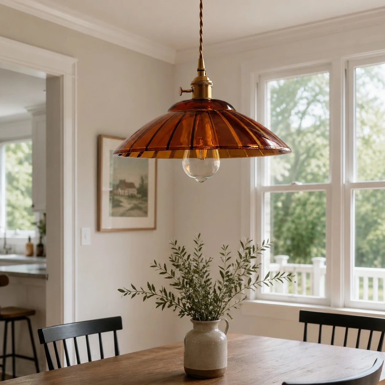Amber glass pendant fixture above a dining table