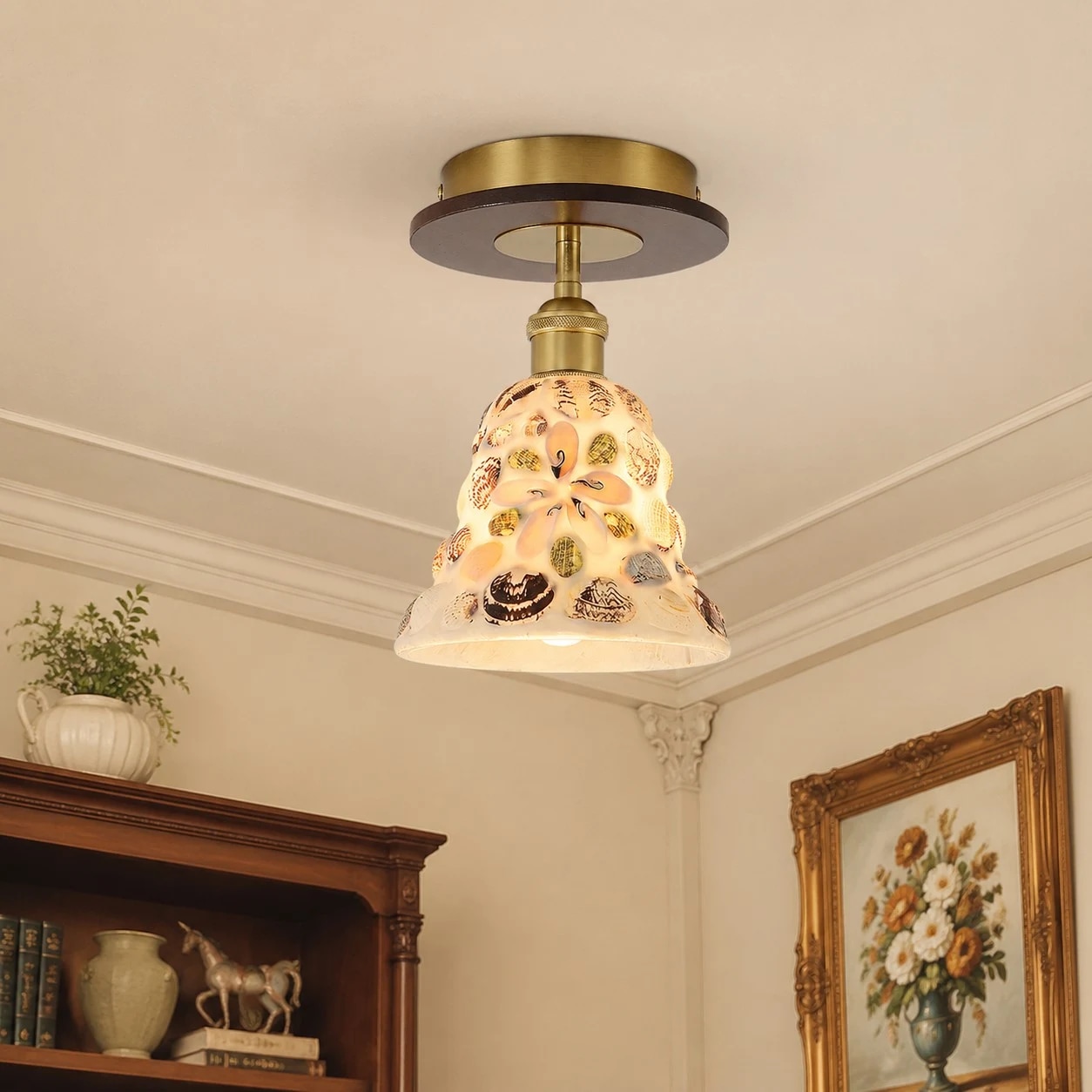 Shell glass ceiling light in entryway scene
