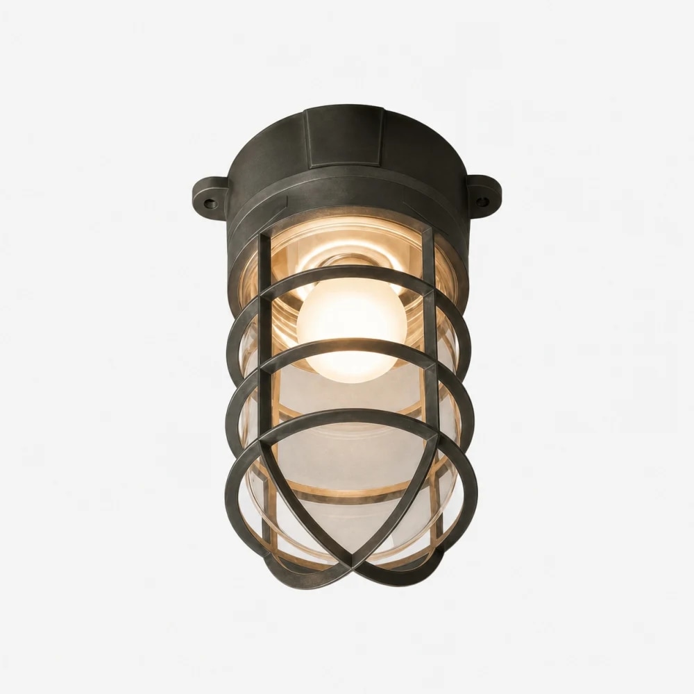 Patnox aged black bronze metal and glass ceiling lamp front view