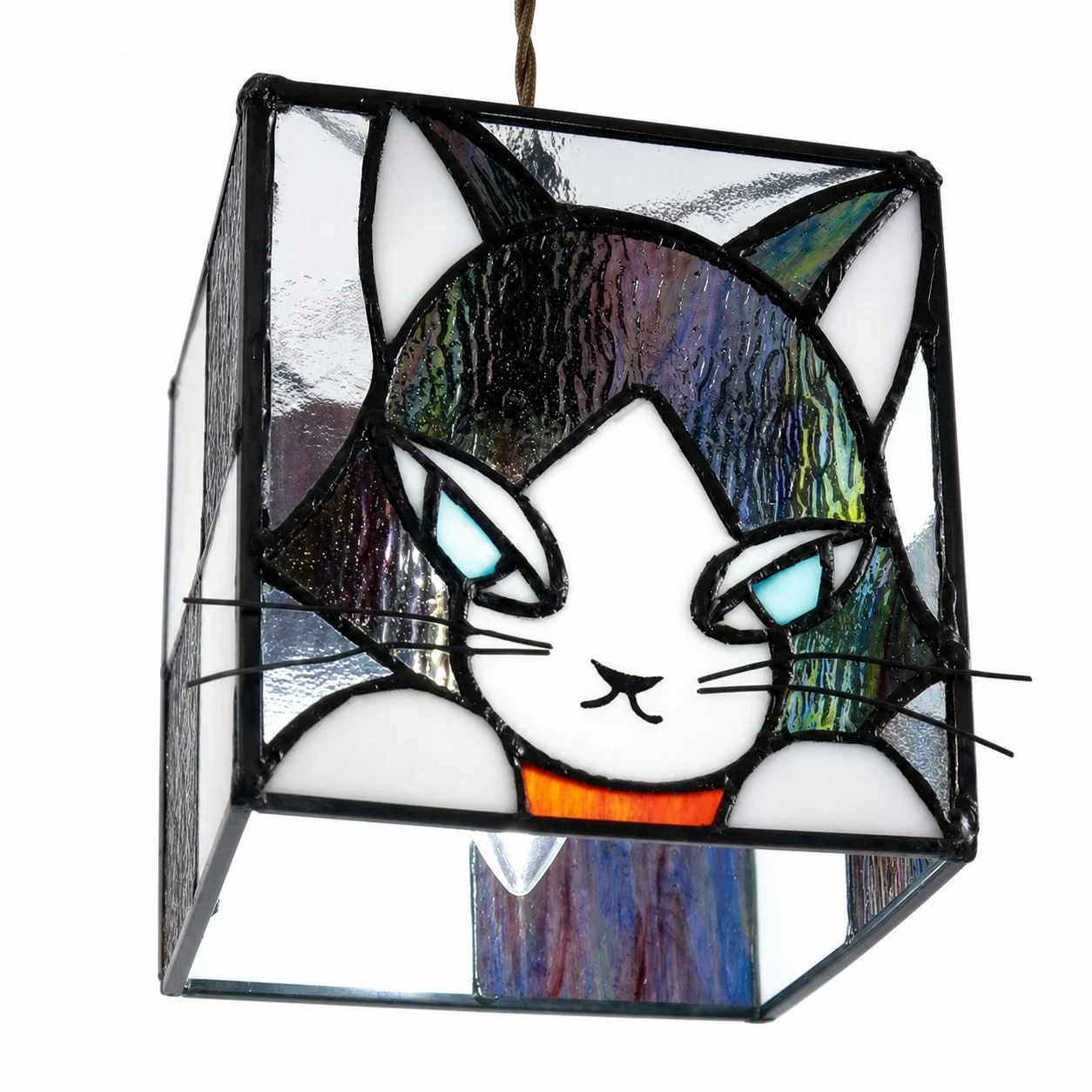 Close view of smoky violet cat stained glass pendant shade