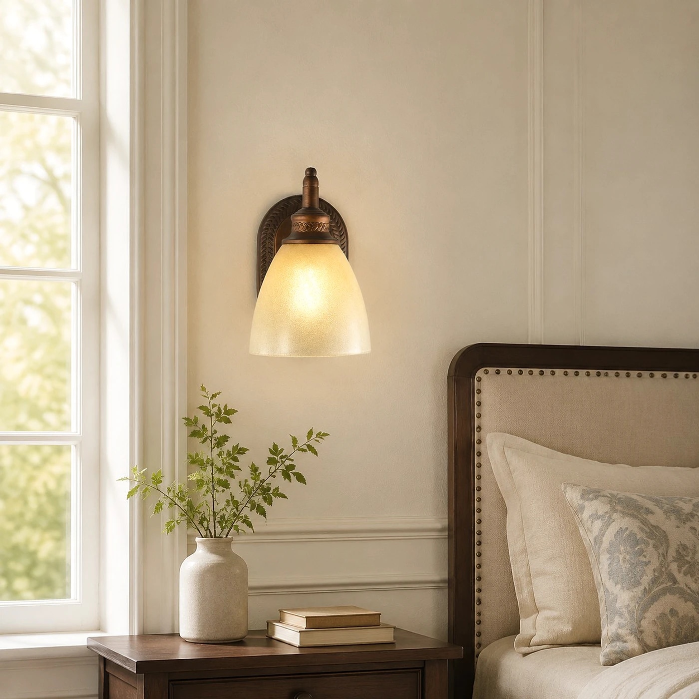 Wall sconce beside bedroom window