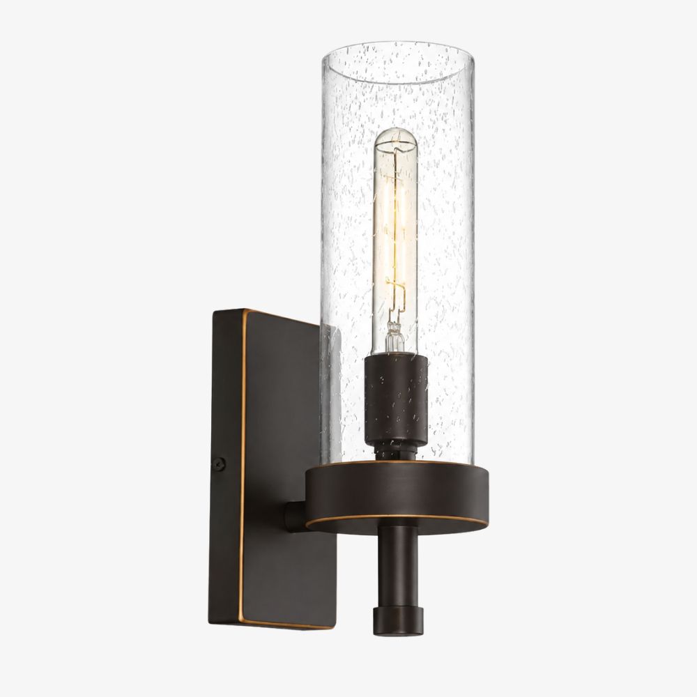 Seeded clear glass cylinder modern wall sconce with black finish