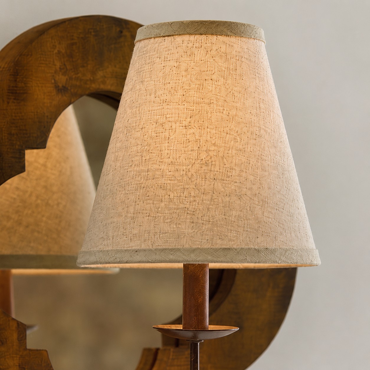 Antique Wood Wall Sconce With Fabric Shade mounting detail