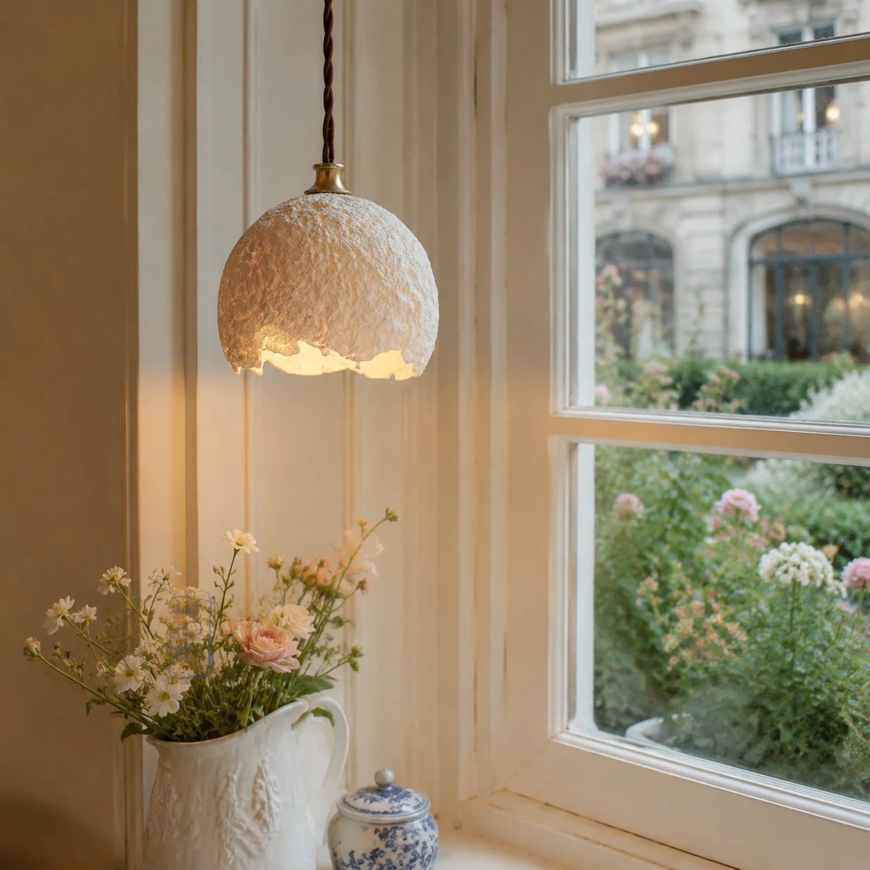 wabi-sabi rice rice paper pendant light in a warm interior scene