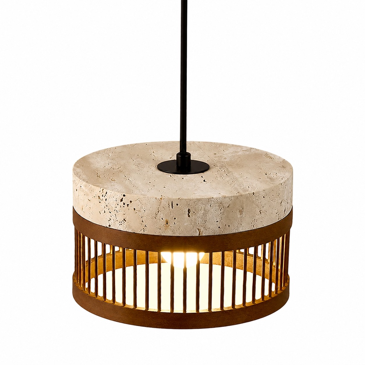 Travertine texture and wood shade pendant detail