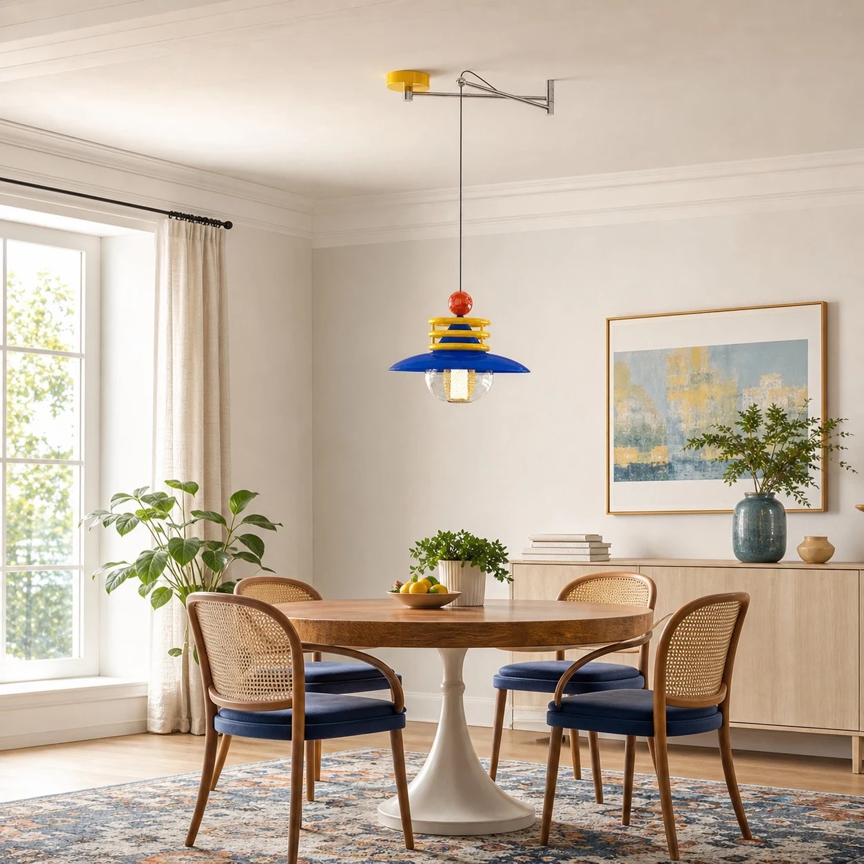Pendentif en dopamine bleu et jaune au-dessus d'une petite table à manger