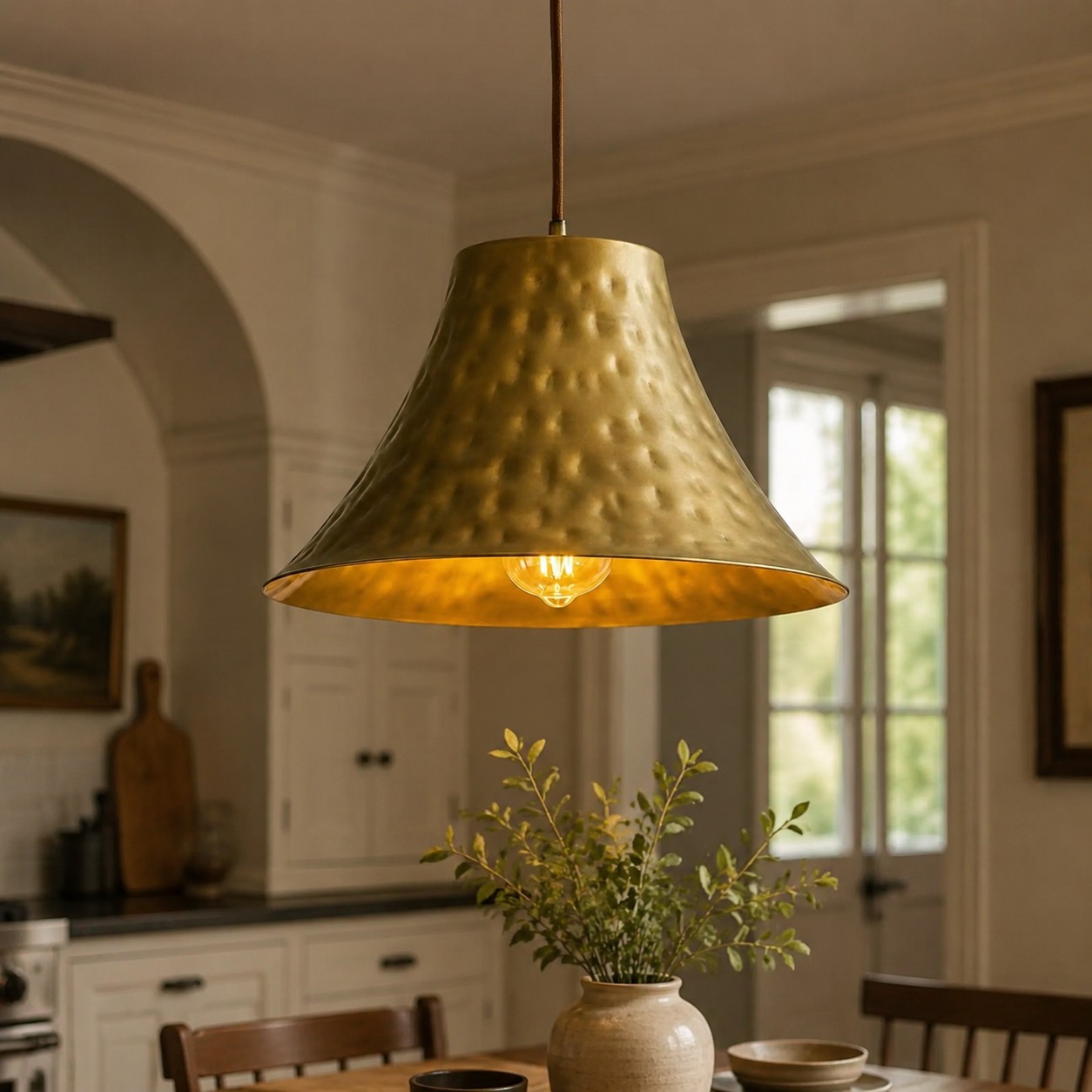 Large hammered brass pendant in kitchen dining area