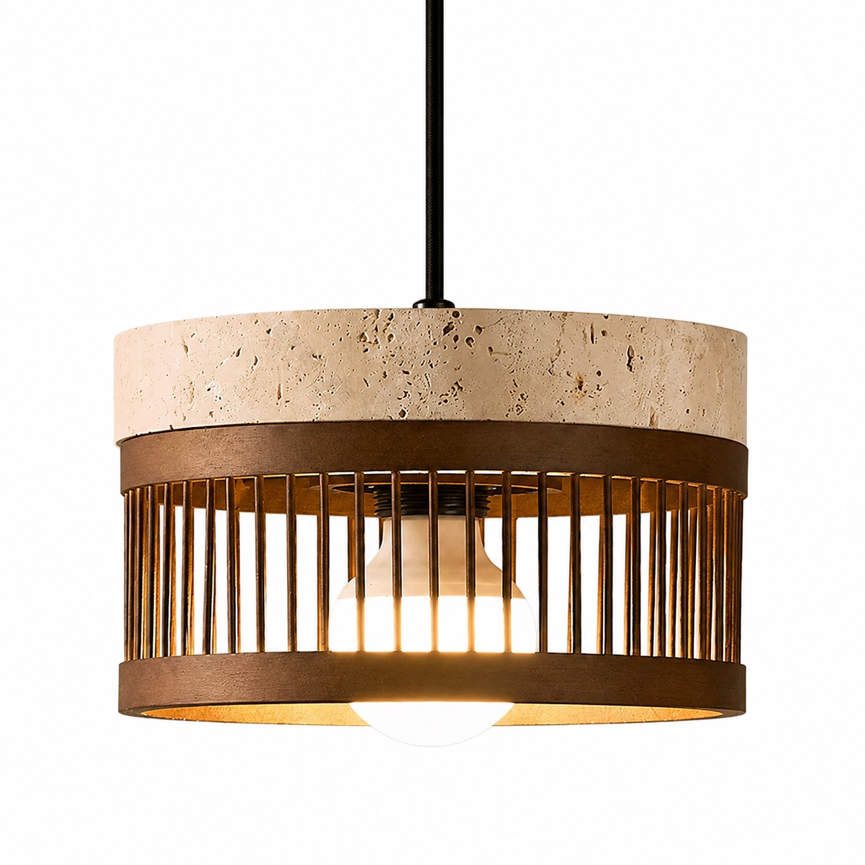 Wood shade and metal frame pendant detail