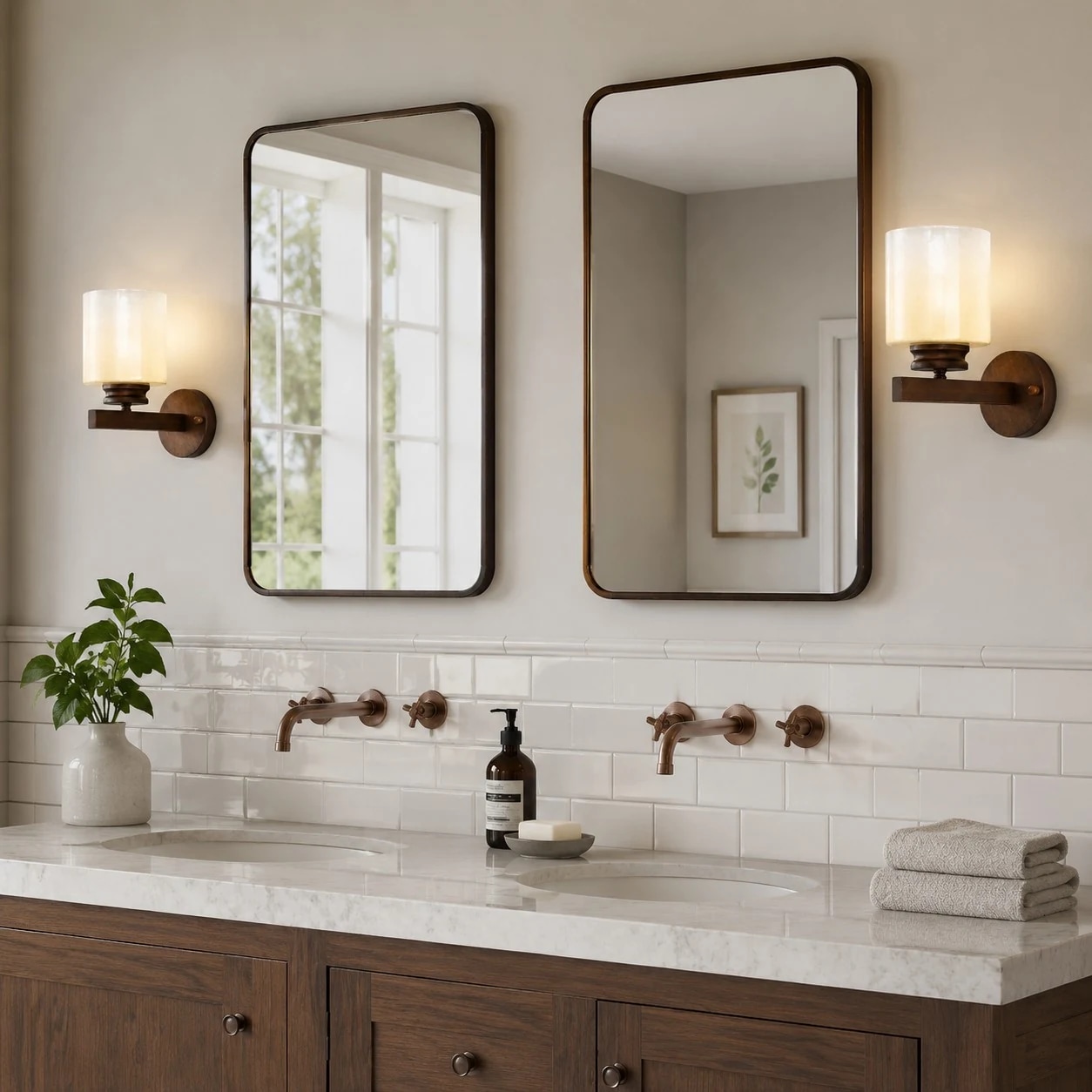 Pair of aged bronze wall sconces installed above a bathroom vanity