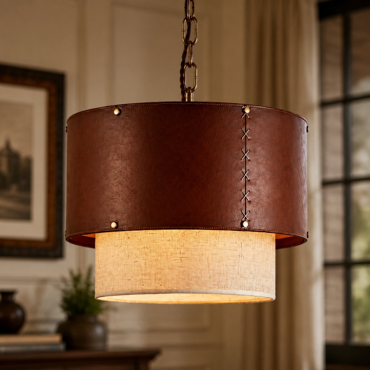 Brown leather pendant light used in a warm interior scene