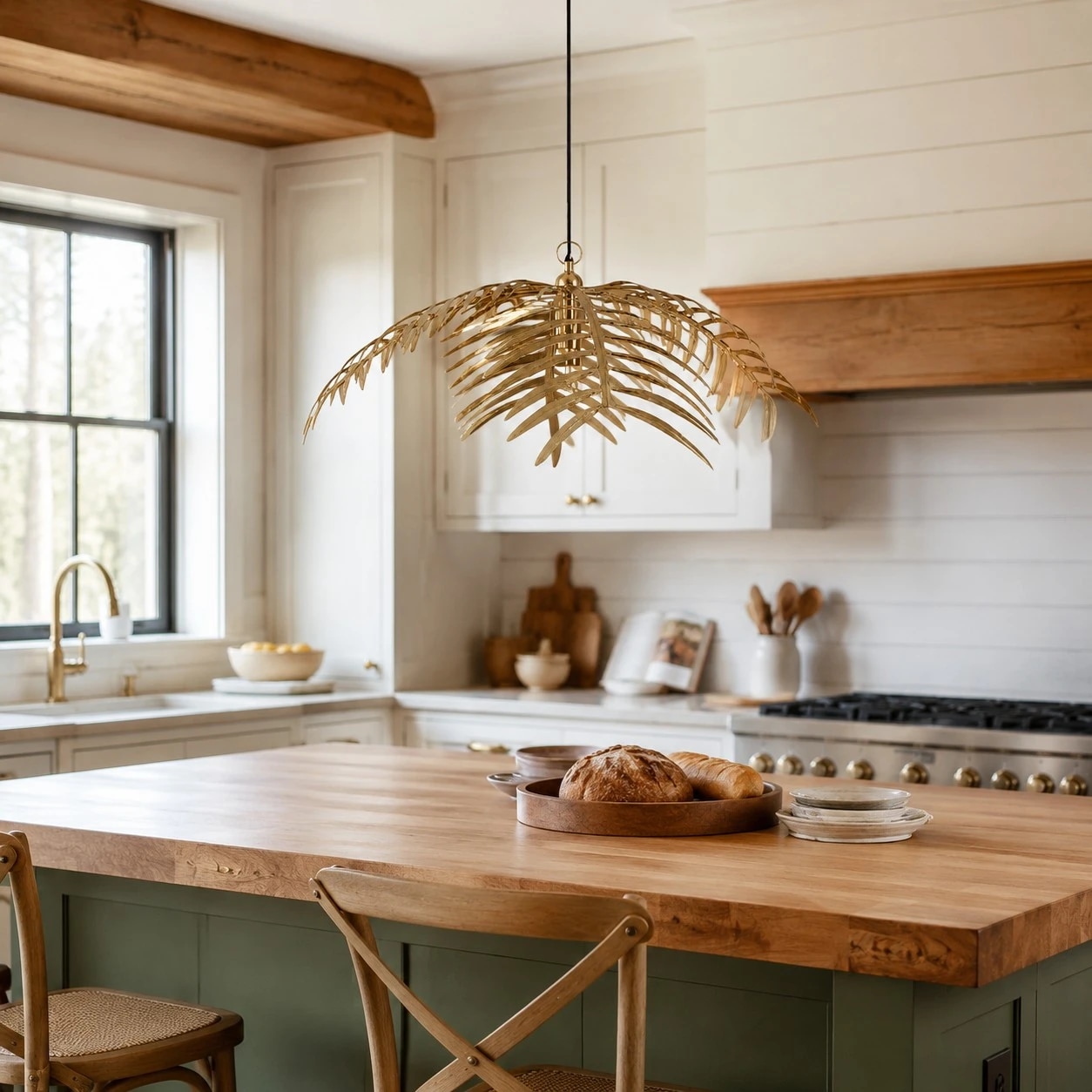 Gold palm leaf chandelier above a kitchen island