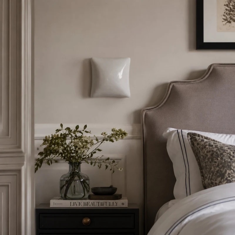 White wall sconce styled beside a bed