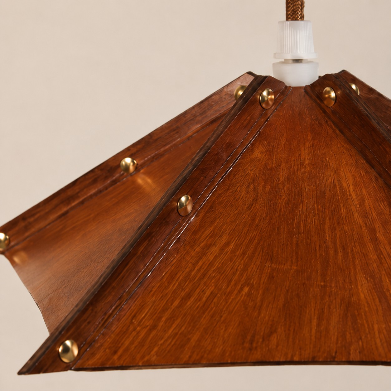 Brown leather pendant shade with brass rivets