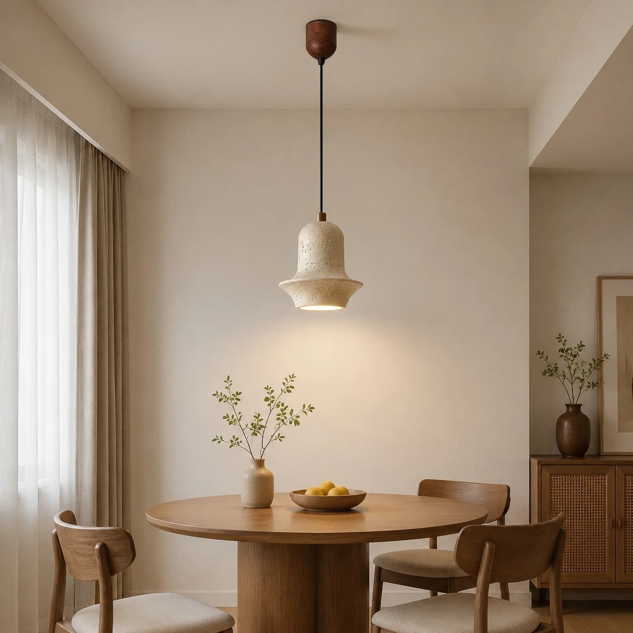 Travertine pendant light above a dining table