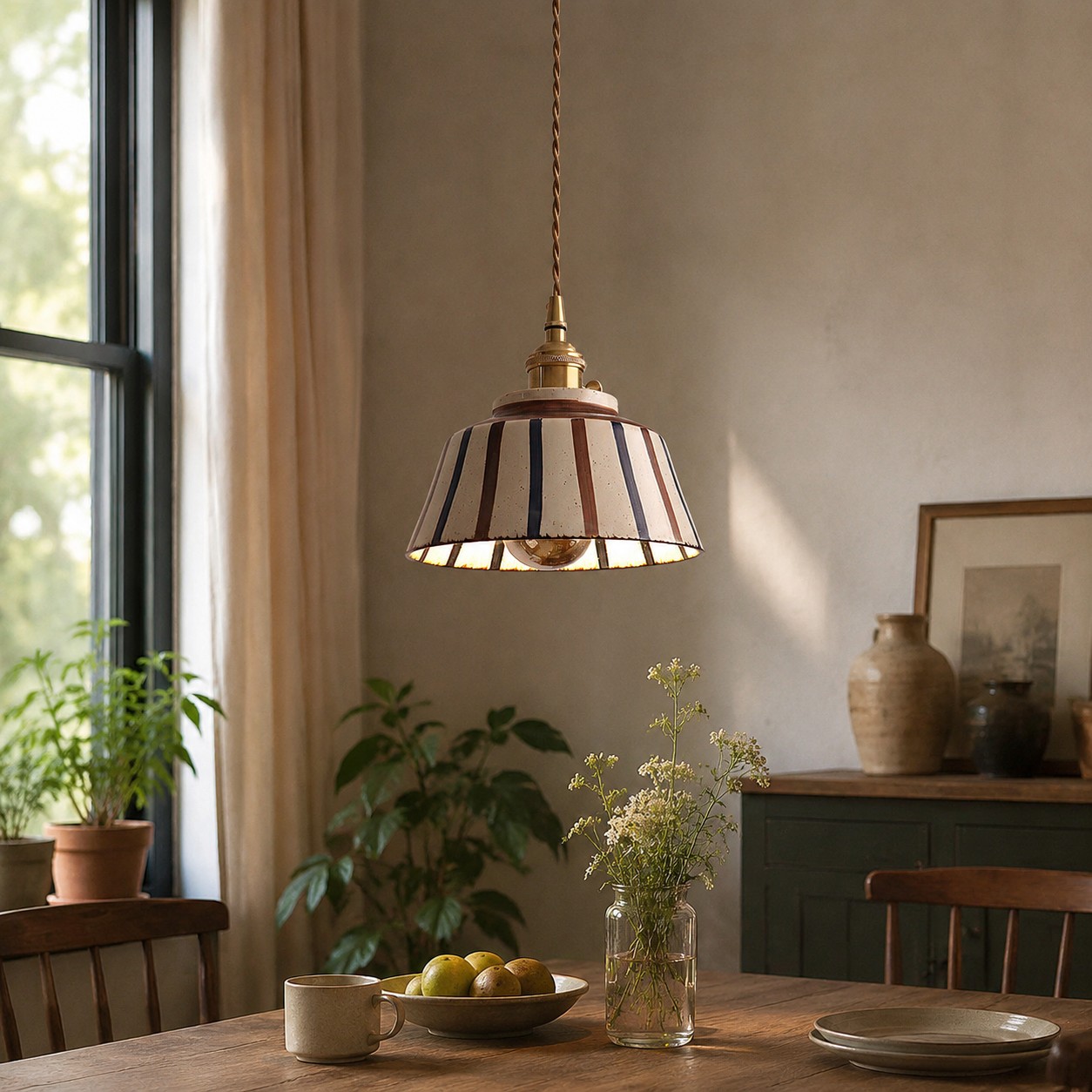 Lámpara de cerámica a rayas junto a una ventana con iluminación tenue.