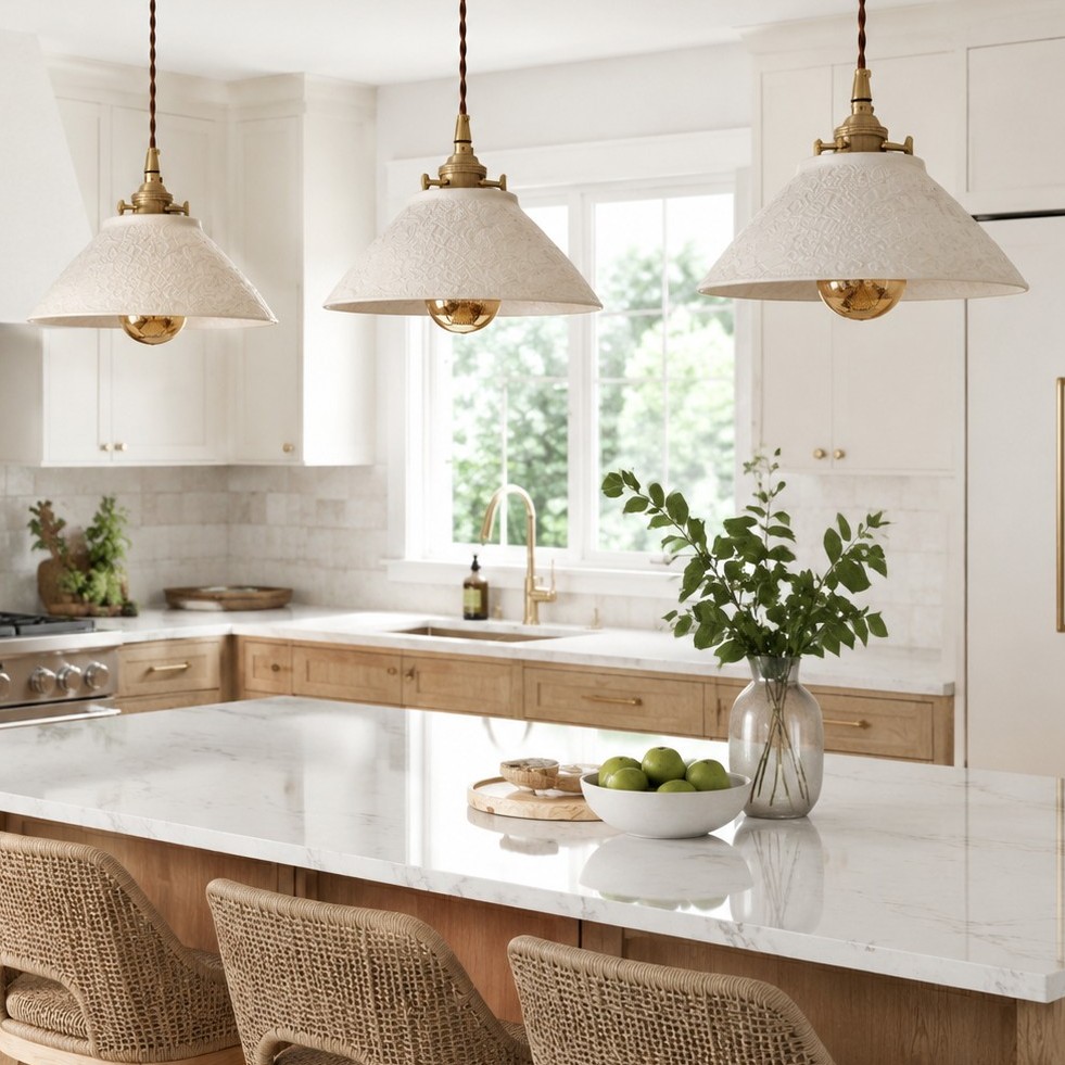 Three ceramic pendant lights above a kitchen island