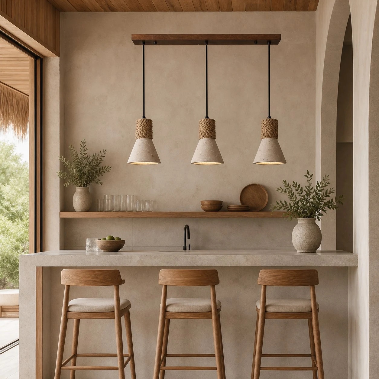 Three-light pendant above a kitchen island