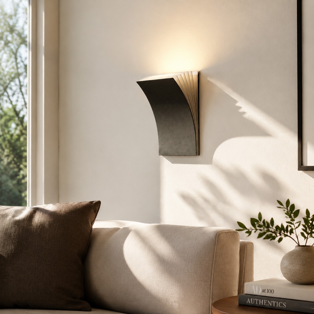Black curved wall sconce above a sofa by a window