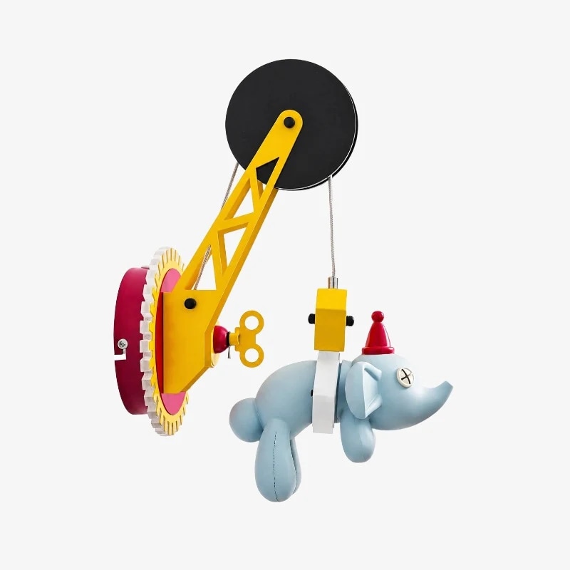 Yellow crane bracket with red side housing and blue elephant pendant