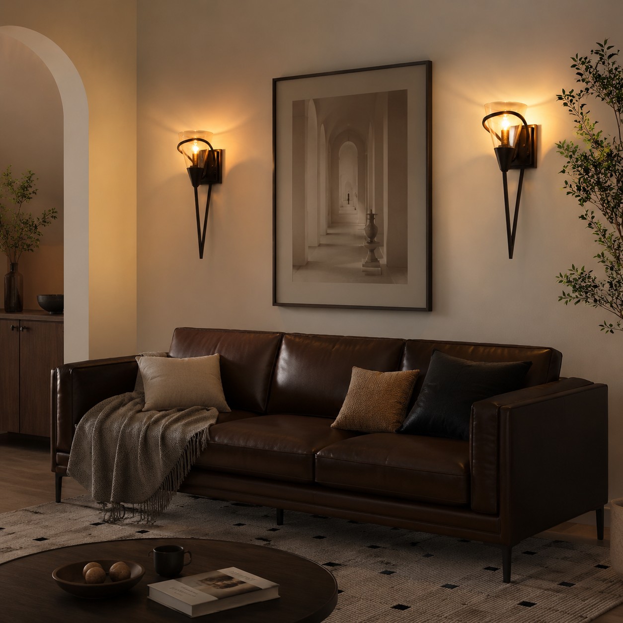 Amber glass wall lamp installed above a living room sofa