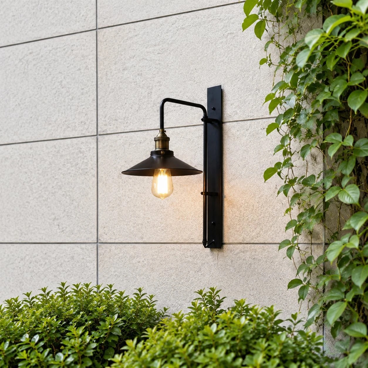 Dark bronze wall lamp beside a garden wall
